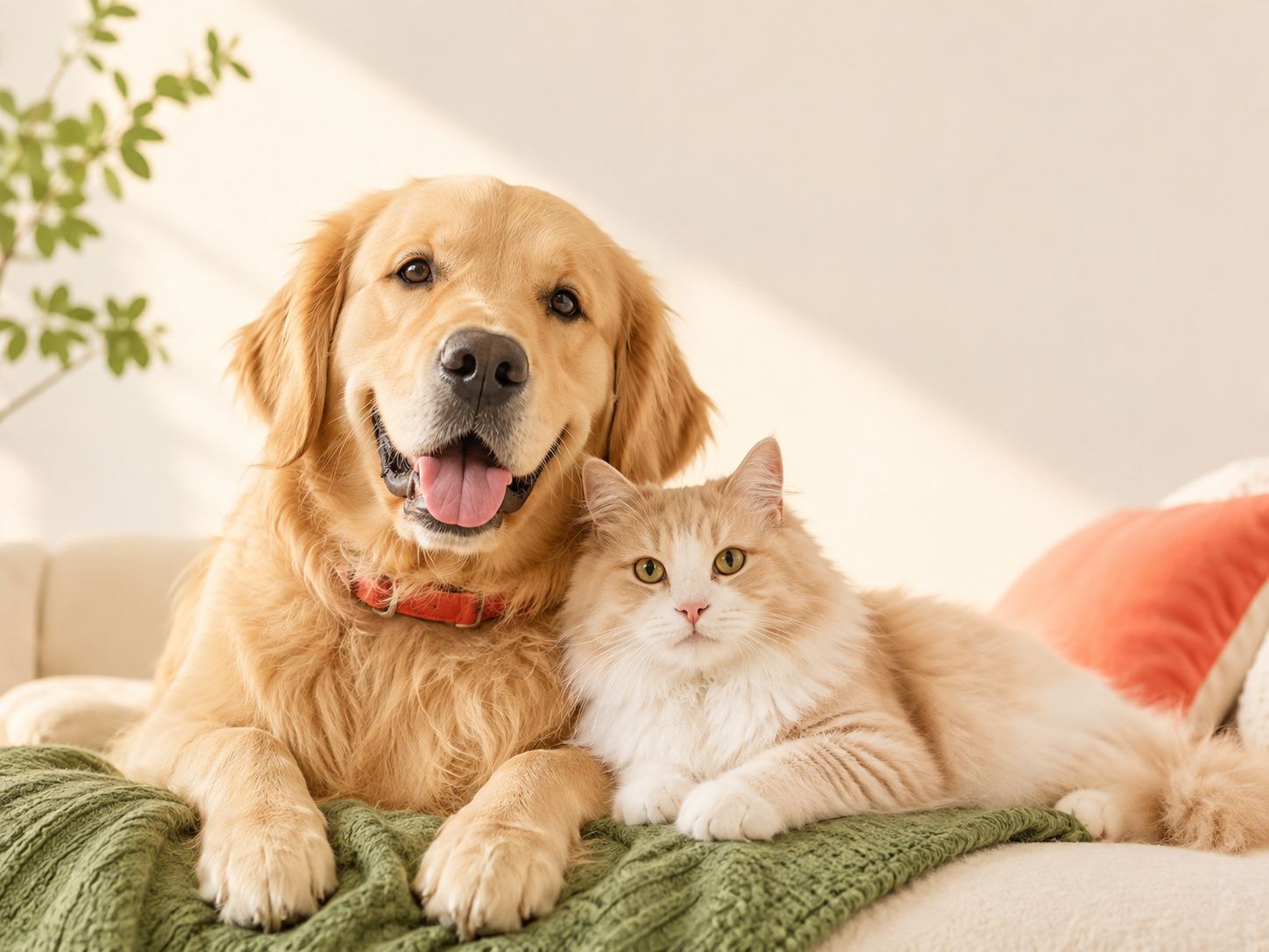 Happy Golden Retriever and relaxed cat lounging together